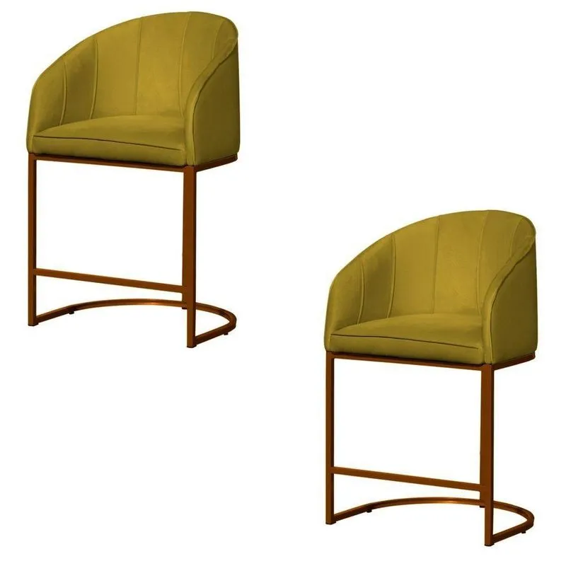 Kit 02 Banco Banqueta Poltrona Mia Base Metal Bronze Veludo mostarda