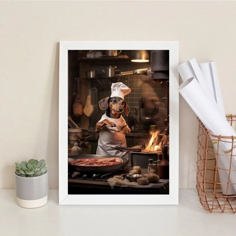 Quadro Cozinha Dachshund Cozinheiro 24X18Cm - Com Vidro