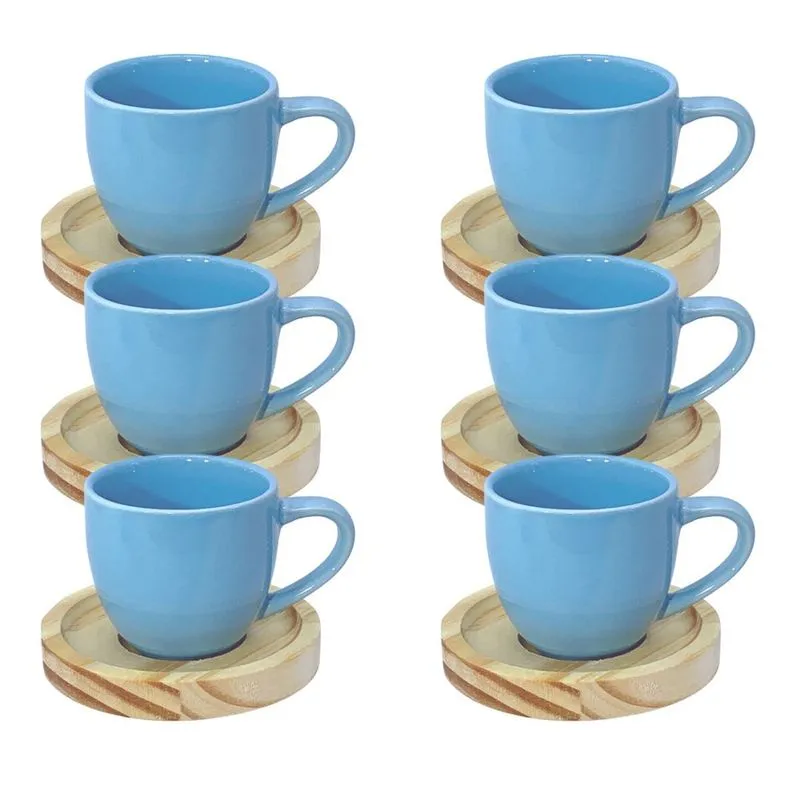 Jogo 6 xicara cafe porcelana com pires madeira premium