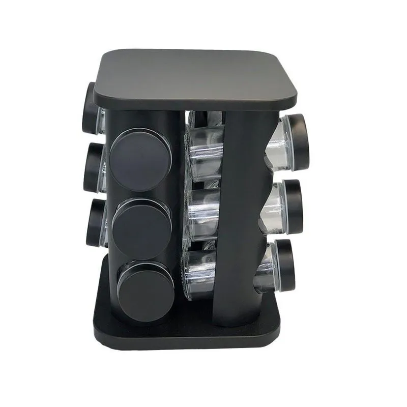 Porta Condimentos Giratório Plástico Preto Com 12 Potes 80ml