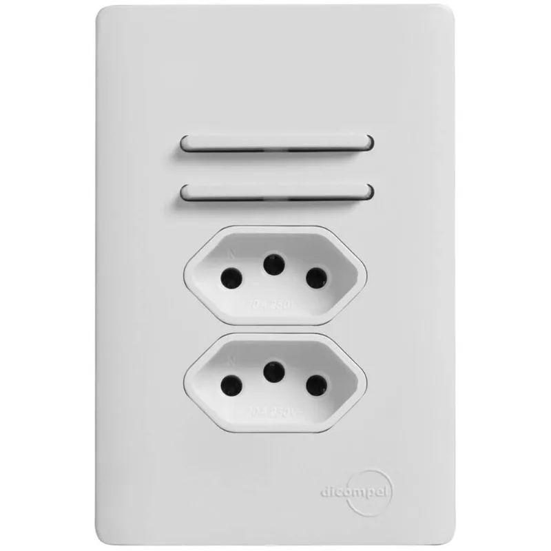 2 Interruptores Simples e 2 Tomadas 2P + T de 10 Ampères com Placa 4x2 Branca da Linha Novara - DC-110 - Dicompel