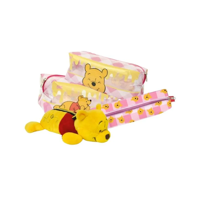 Kit Material Escolar Ursinho Pooh Com 3 Estojos Pelúcia Com Zíper Rosa Volta As Aulas Fluffly Caneta