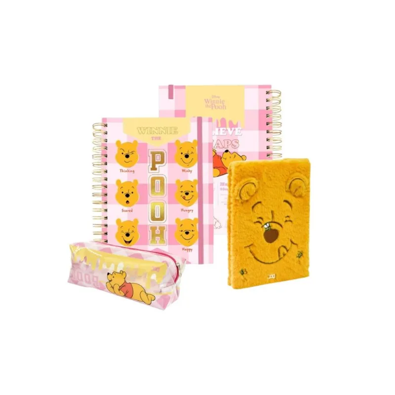 Kit Material Escolar Ursinho Pooh 1 Estojo Grande E 2 Cadernos Anotações Smart Sala De Aula Escola