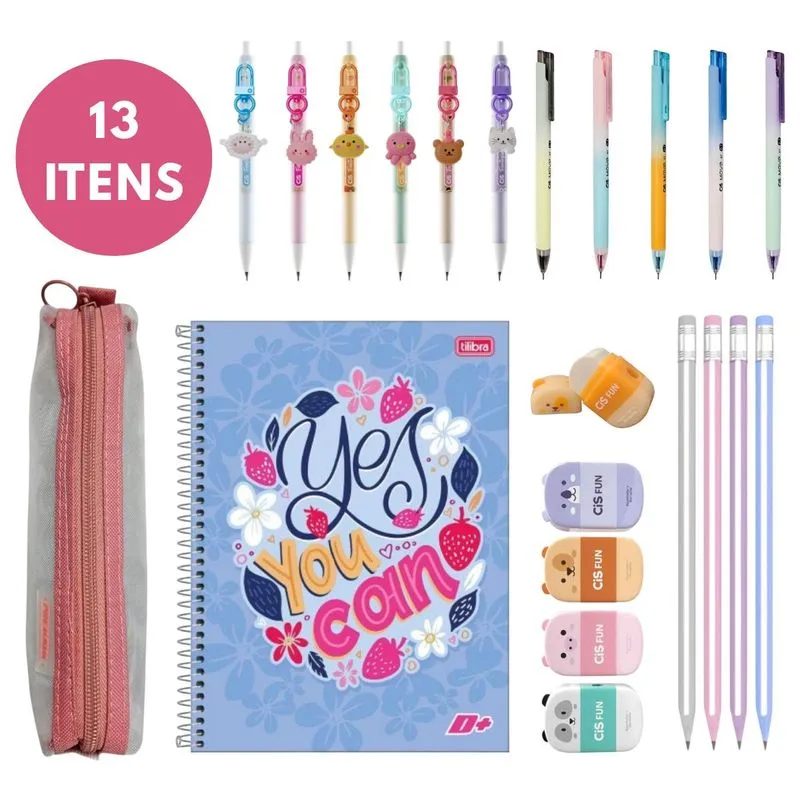 Kit Escolar Com 13 Itens Canetas Lapiseira Cores Conjunto Aluno Colorido Borracha Caderno Estojo