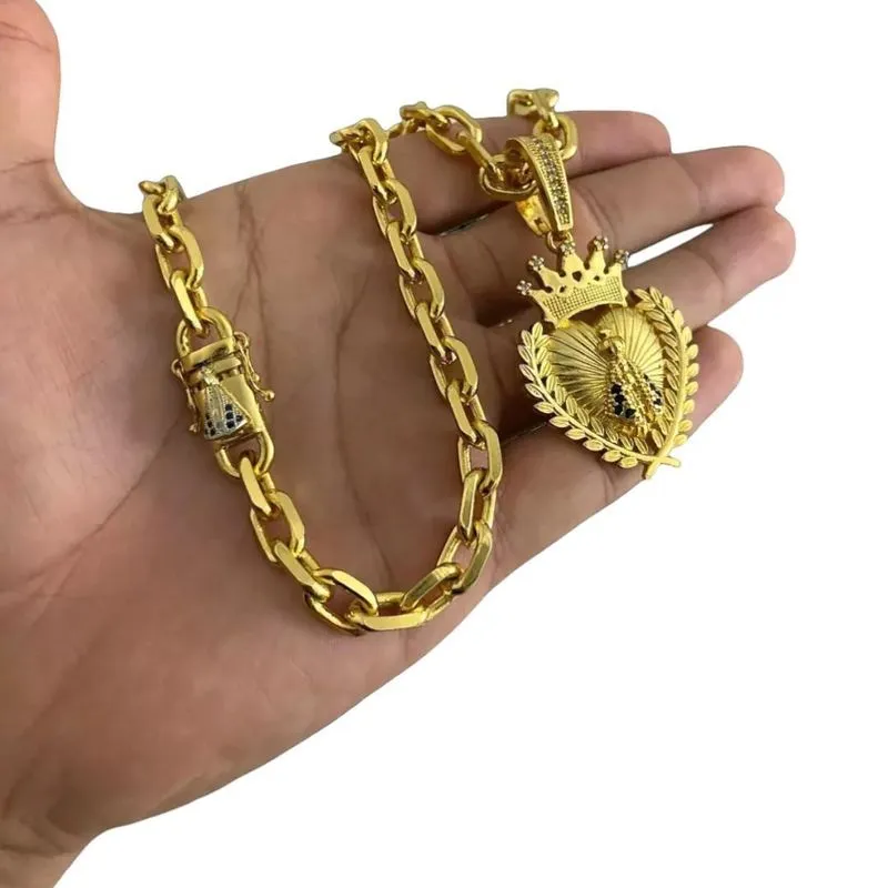 Cordão Cadeado 8mm Fecho Nossa Senhora - Banhado A Ouro