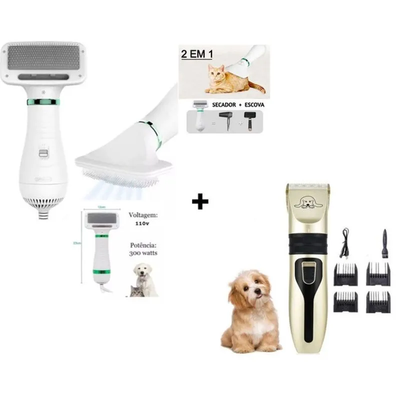 Kit 1 Sem Ruído/Multifuncional/EléTrico Empurrar Tesoura Pet Shave + 2 Em 1 Secador Cabelo Pente Escova Cão Gato Secar Por