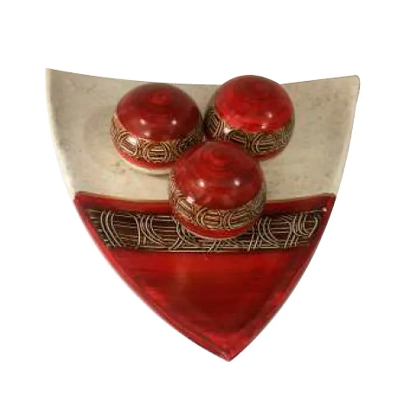 Centro De Mesa Triangular 3 Esferas Em Cerâmica Decor - Bege E Vermelho