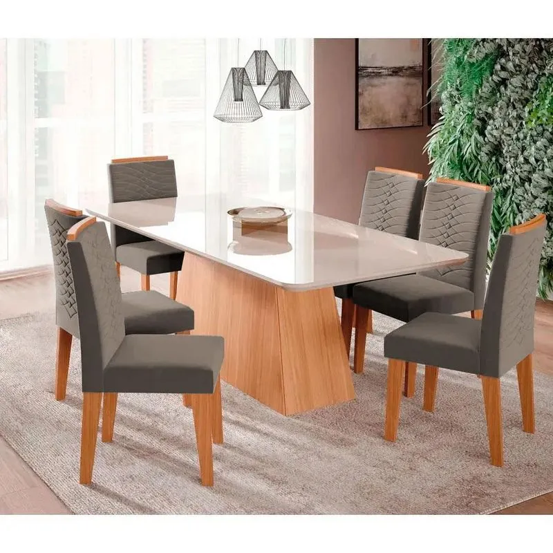 Conjunto Sala de Jantar Mesa Helena 210x100 cm e 6 Cadeiras Clarice Wood Nature/Off White/Joli