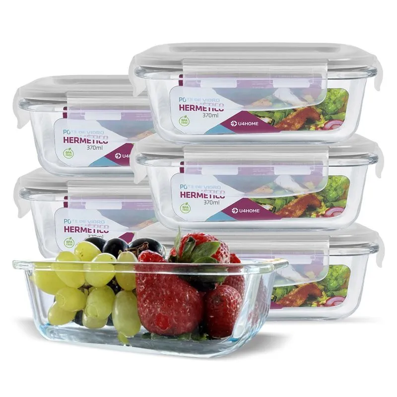 Conjunto 6 Potes 370ml Hermético Vidro Marmita Click Glass