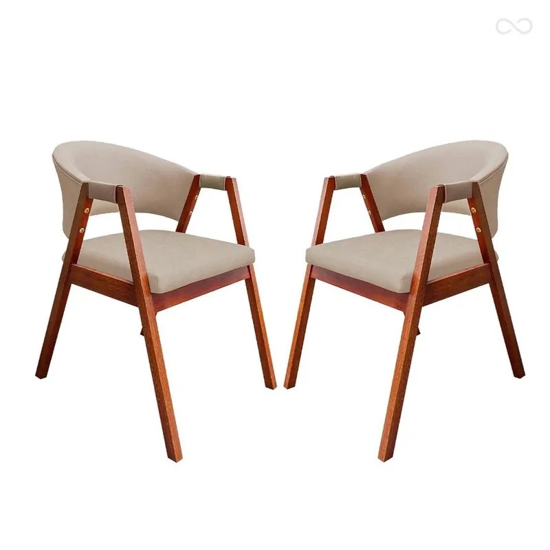 Kit 2 Cadeira Poltrona para Sala de Jantar Ravena em Madeira Castanho Suede Bege ccs