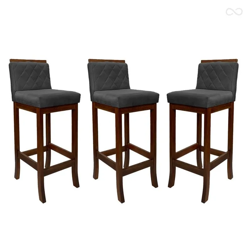 Kit 3 Banquetas Alta para Balcão Nice em Madeira Matelassê Suede Cinza ccs