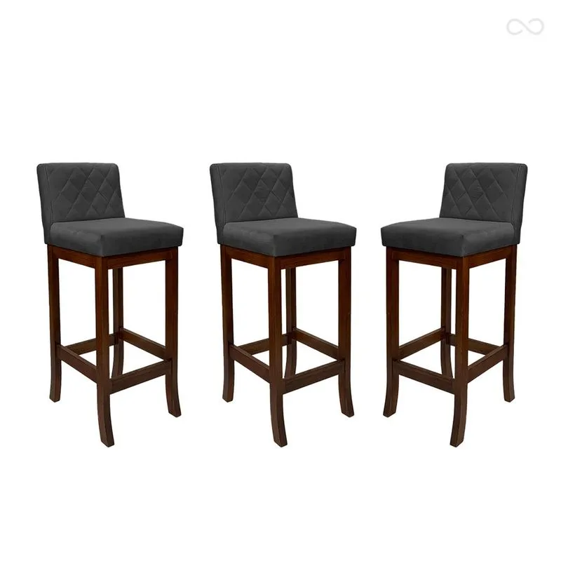Kit 3 Banquetas Média para Balcão de Cozinha Tóquio Madeira Maciça Matelassê Suede Cinza ccs