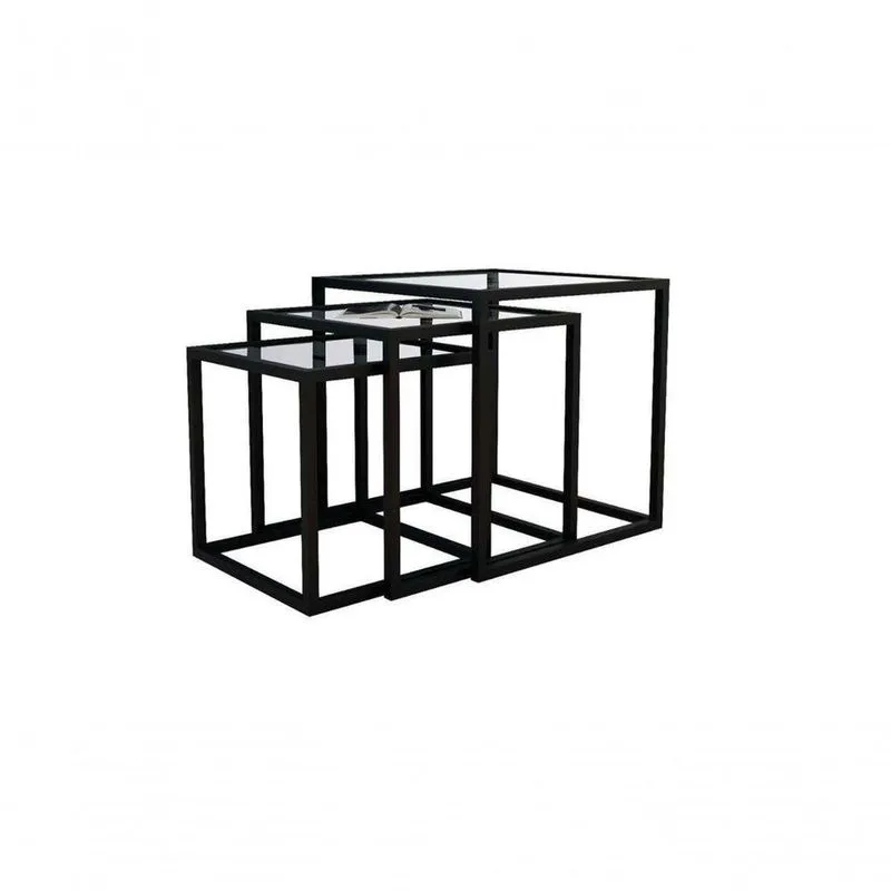 Conjunto De Mesa Lateral Trio Isabela Preto Tampo Vidro 3
