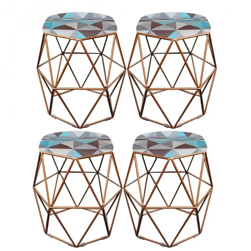 Kit 04 Puff Banqueta Aramado Luna Hexágono Base Bronze Triângulo Azul