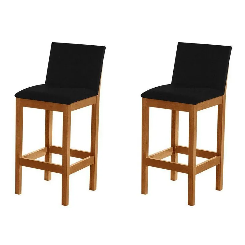 Kit 2 Banquetas Alta Pérola Com Encosto Estofada Em Veludo Preto Madeira Maciça Castanho