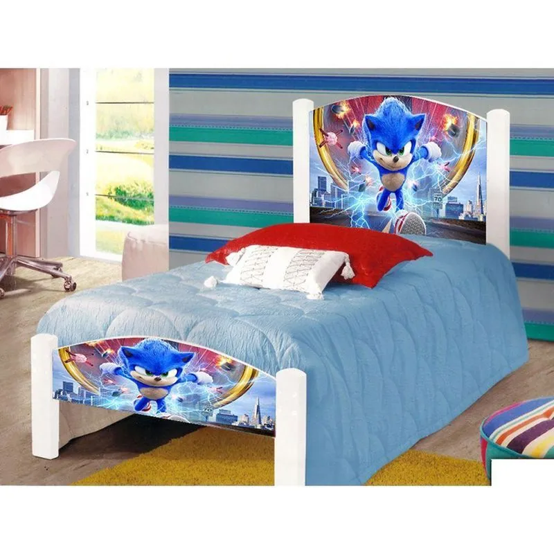 Cama Solteiro Infantil Sonic Adesivada Com Colchão Branco