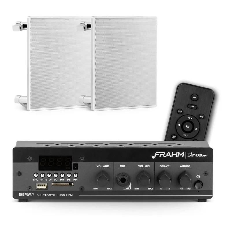 Kit Amplificador Frahm Slim 1000 App + 2 Arandela Frahm Quadrada 40 Watts Rms - Branca