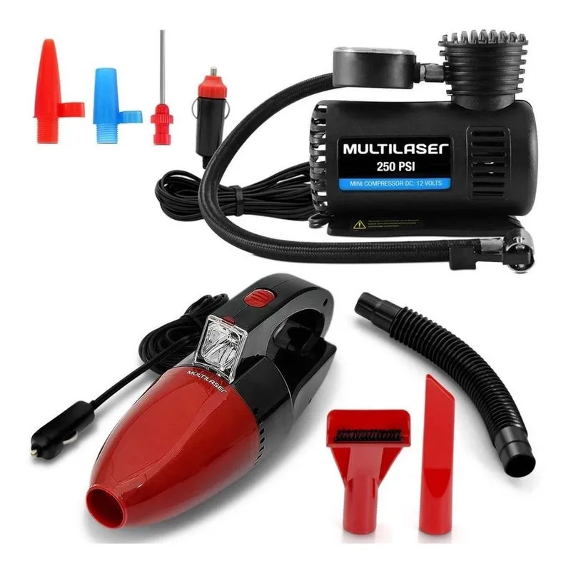 Aspirador de Pó Automotivo 12v Multilaser AU607 + Compressor Automotivo 12v Multiaser AU601