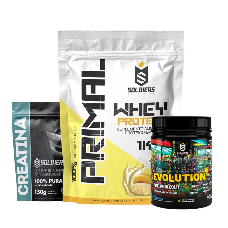 Kit Whey Primal 1Kg + Creatina 300g + Pré Treino Evolution 300g BANANA / Blueberry