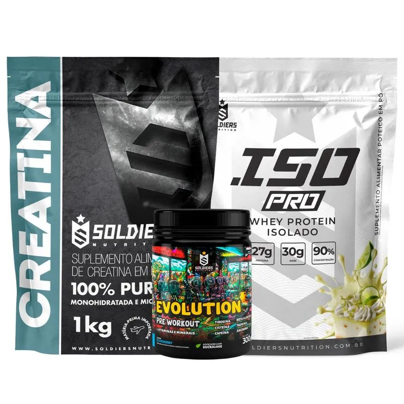 Kit: Whey Protein Isolado ISO PRO 1kg + Creatina Monohidratada 1kg + Pré-Treino Evolution - Soldiers Nutrition