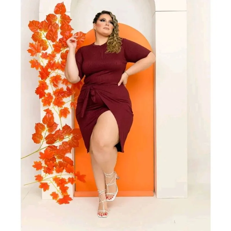 Vestido Canelado Traspassado Plus Size