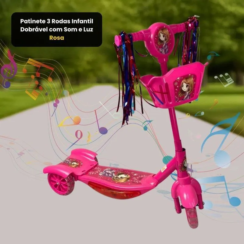 Patinete 3 Rodas Infantil Dobrável Com Som E Luz - Rosa