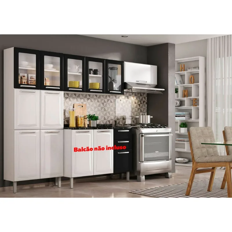 Cozinha Itatiaia Tarsila em Aço 3 Peças com Portas de Vidro Branco e Preto Cozinha Completa Branca e Preta em Aço 3 Peças com Vidro - Itatiaia