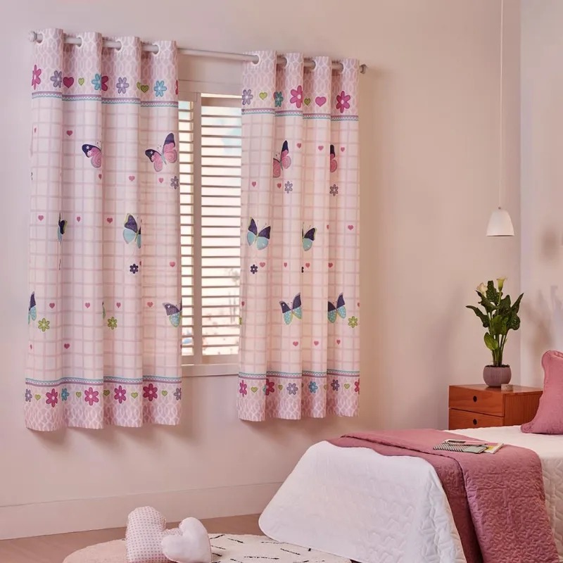 Cortina Infantil Santista Londres com Ilhós 180x 280 cm Borboleta Rosa