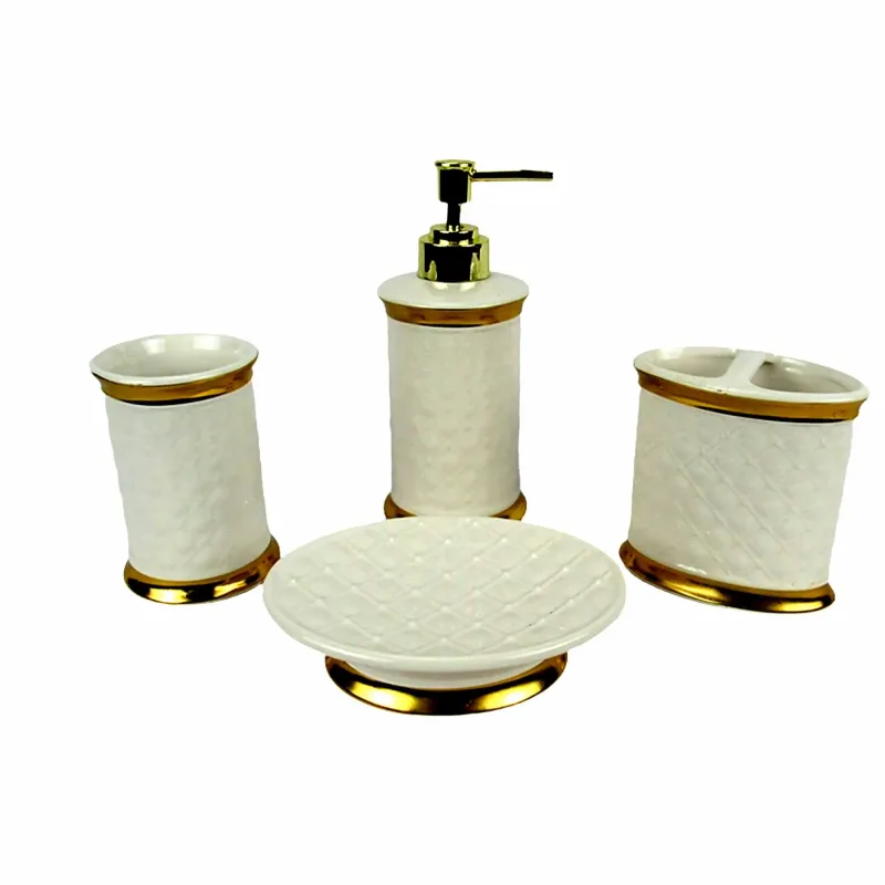 Jogo para Banheiro em Porcelana Branco com Dourado - 4 peças