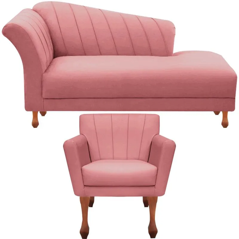 Conj. Chaise Sofá Divã + 1 Poltrona Decorativa Iza Retro