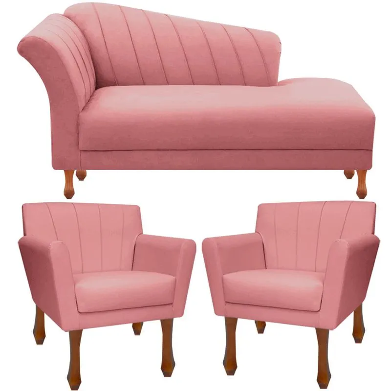 Conj Recamier Sofá Divã + 2 Poltronas Decorativa Iza Retro