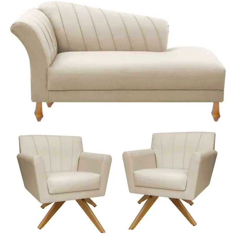 Conjunto Recamier Sofá Divã Chesterfield + 2 Poltrona Iza Giratória Para Psicologia Decoração