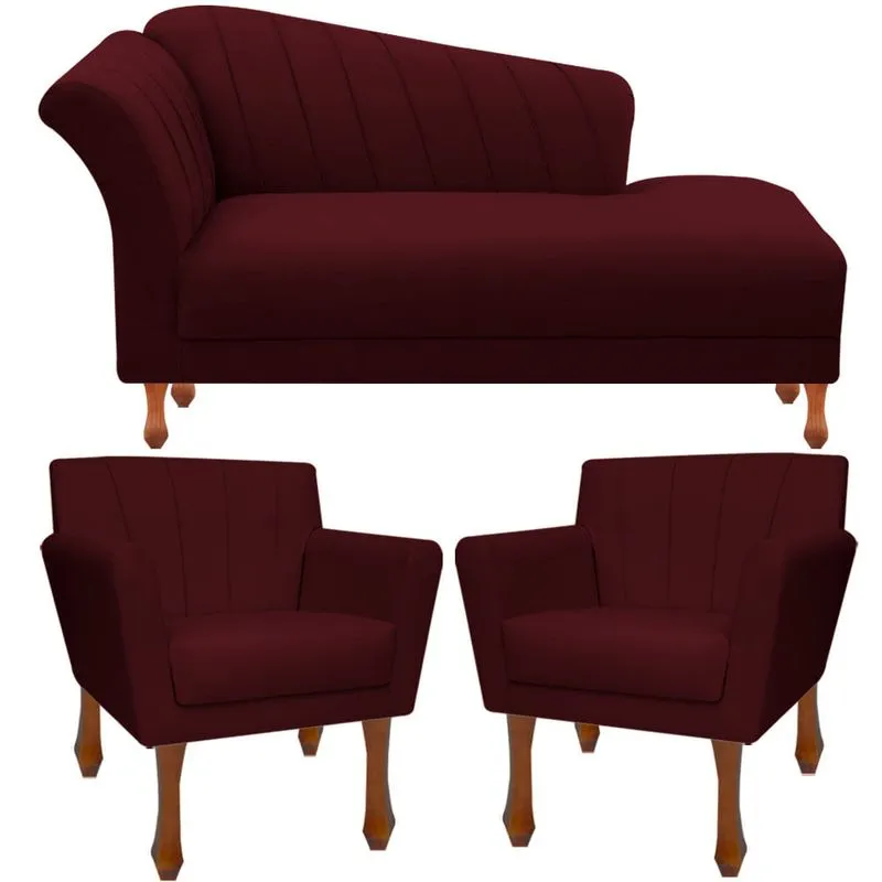 Conj Divã Recamier Sofá + 2 Poltronas Decorativa Iza Retro
