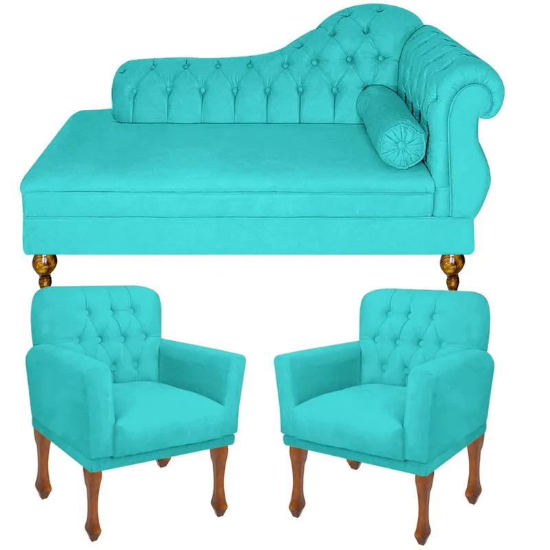 Conjunto Recamier Sofá Divã Chesterfield Cancun + 2 Poltrona Bia