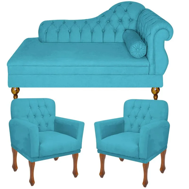 Conjunto Divã Sofá Recamier Chesterfield Cancun + 2 Poltrona Bia