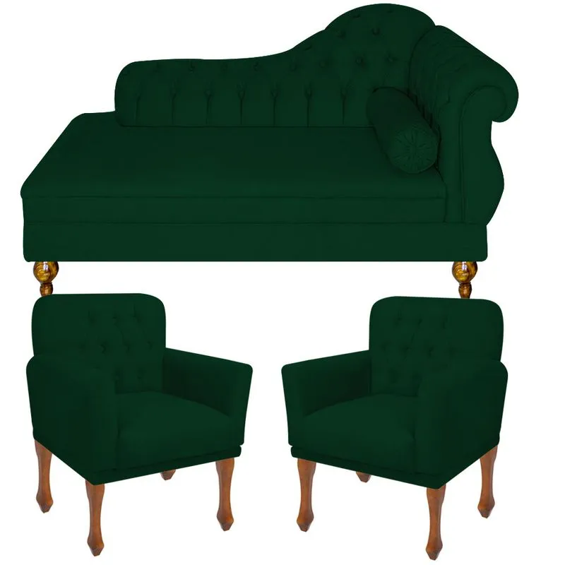 Conjunto Divã Sofá Recamier Chesterfield Cancun + 2 Poltrona Bia