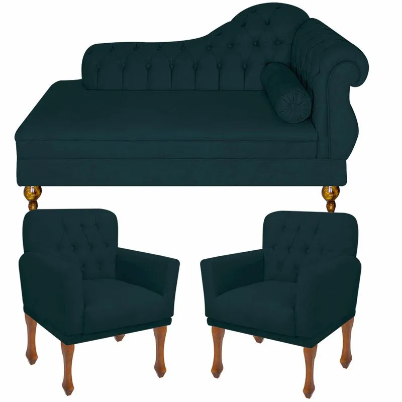 Conjunto Divã Sofá Recamier Chesterfield Cancun + 2 Poltronas Bia