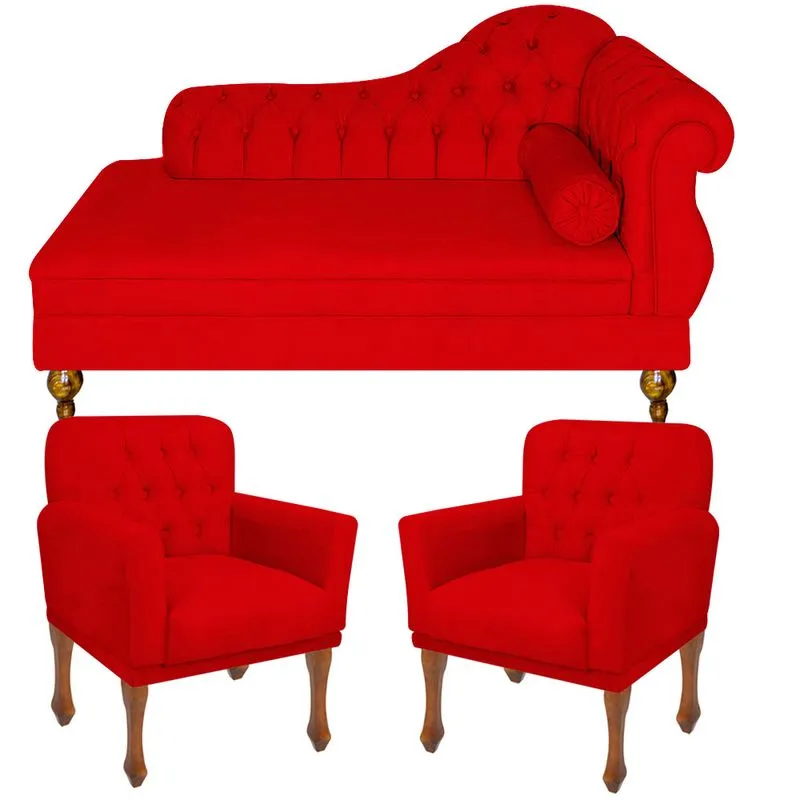 Conjunto Recamier Sofá Divã Chesterfield Cancun + 2 Poltrona Bia
