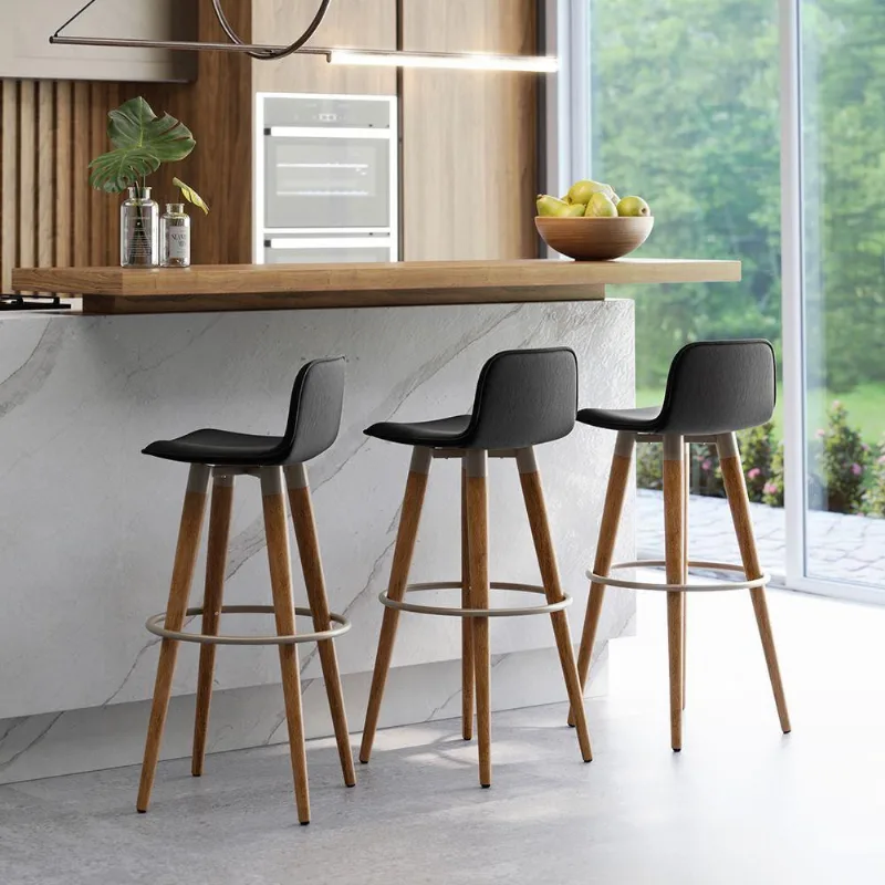 Kit 3 Banquetas Altas Luxo Aço Champanhe Linho Preto Preto