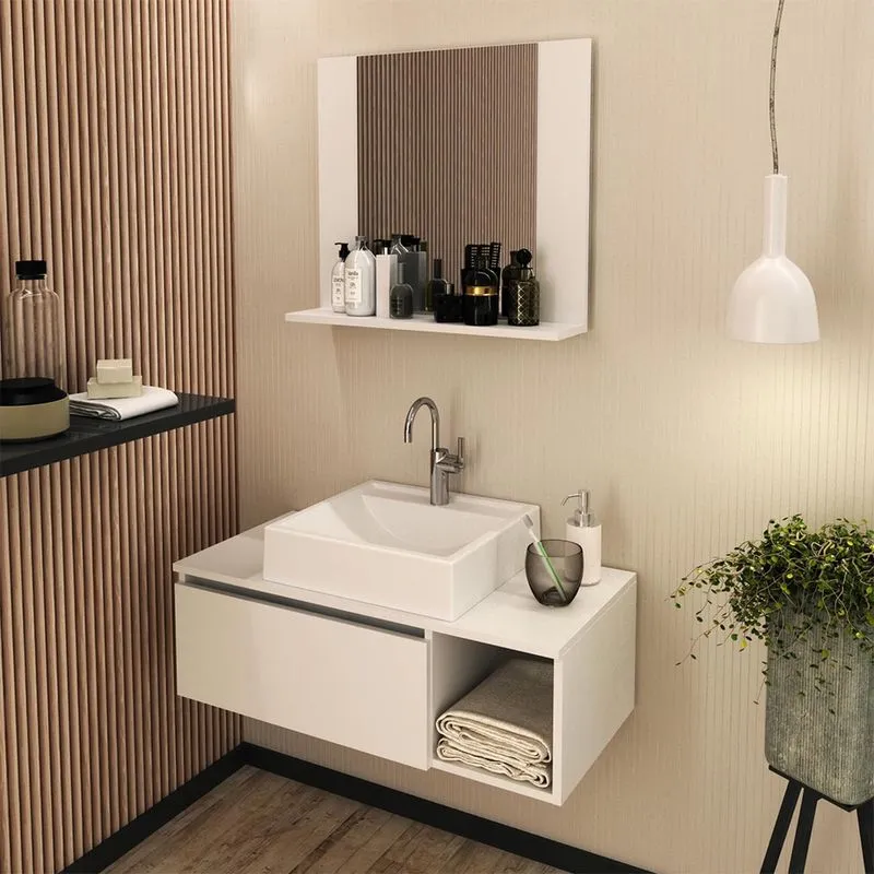 Kit Lavabo Suspenso com Cuba e Espelho Branco Tecno Mobili