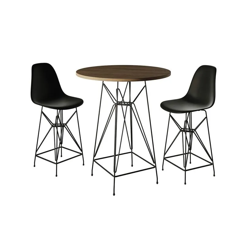 Jogo Mesa Bistrô Eames Eiffel Amêndoa 60cm 2 Banquetas Preta Base Ferro Preto