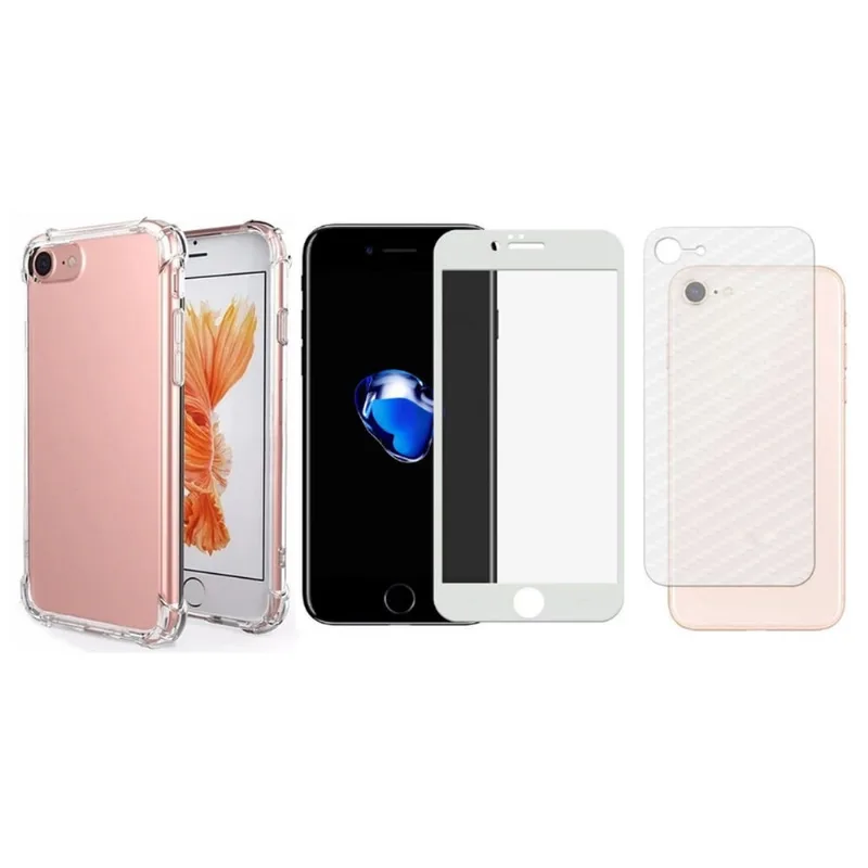 Kit Capinha + Vidro 3D Branco + Traseira Para Iphone 7 / 8