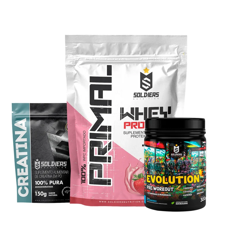 Kit Whey Primal 1Kg + Creatina 300g + Pré Treino Evolution 300g MORANGO / Limonada Suiça