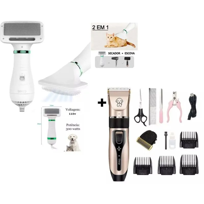 Maquina Para Tosa De Cães E Gatos Uso Doméstico Profissional + Secador Cão Pet Gato Banho Tosa Secar Escovar Pelo 110 Volt