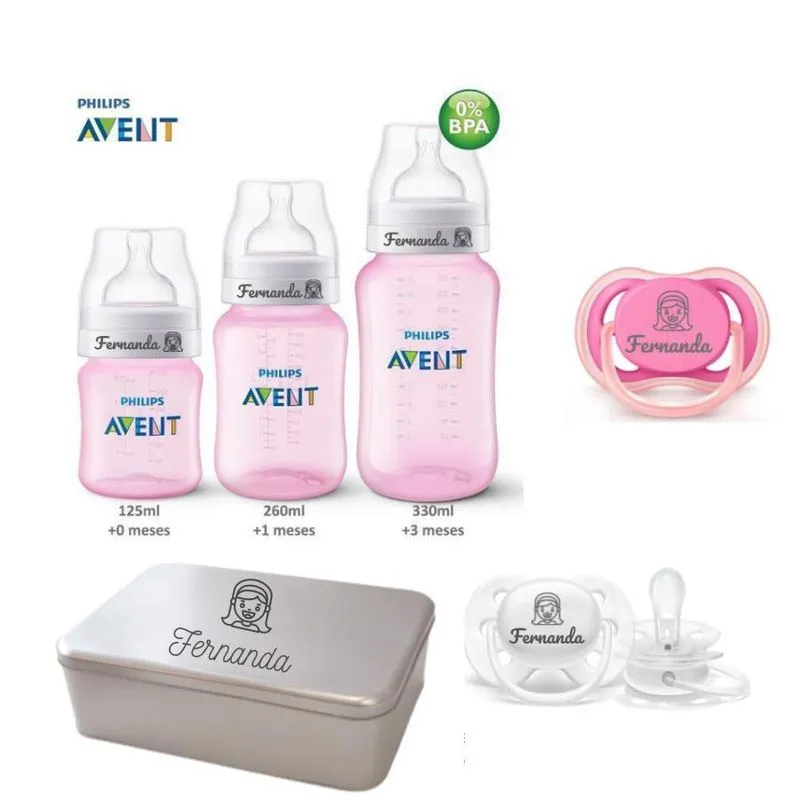 Kit Personalizado Avent Rosa 3 Mamadeiras Ac + 2 Chupetas