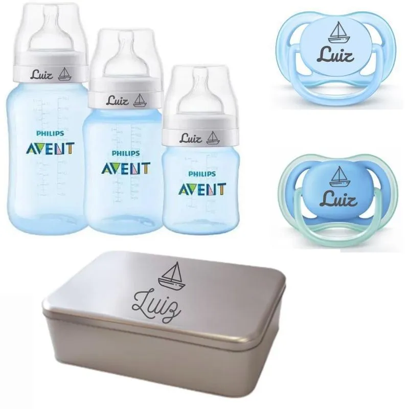 Kit Personalizado Avent Azul 3 Mamadeiras Ac + 2 Chupetas
