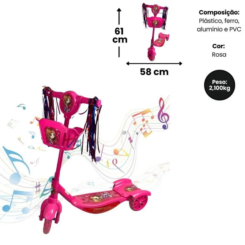 Patinete Infantil Com Luz, Música E Cestinha