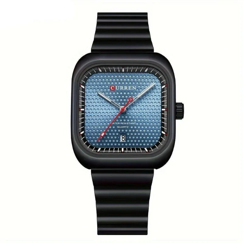 Relógio Casual Masculino De Quartzo Pulseira De Aço Inoxidável Quadrado Azul Preto