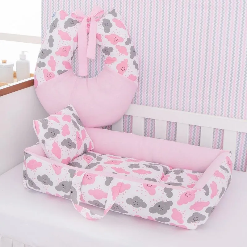 Kit Ninho Redutor + Almofada Amamentação Bebê Nuvem Rosa