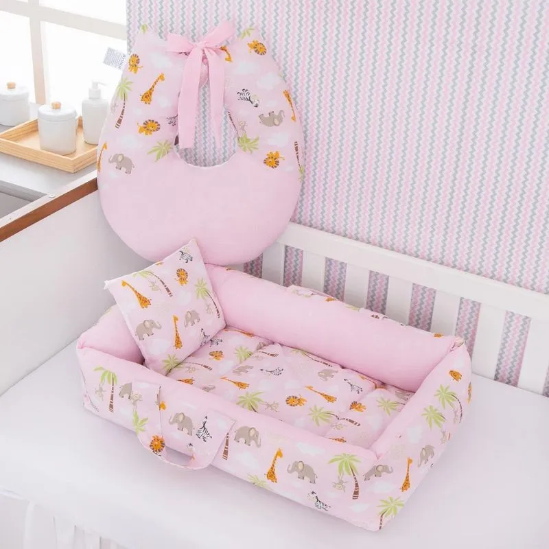 Kit Ninho Redutor + Almofada Amamentação Bebê Safari Rosa